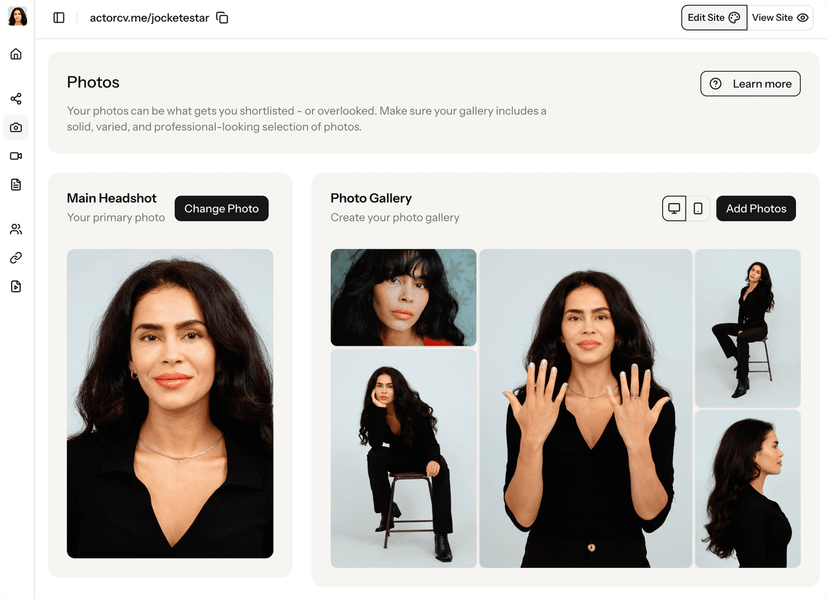Actor website editor interface showing easy-to-use tools