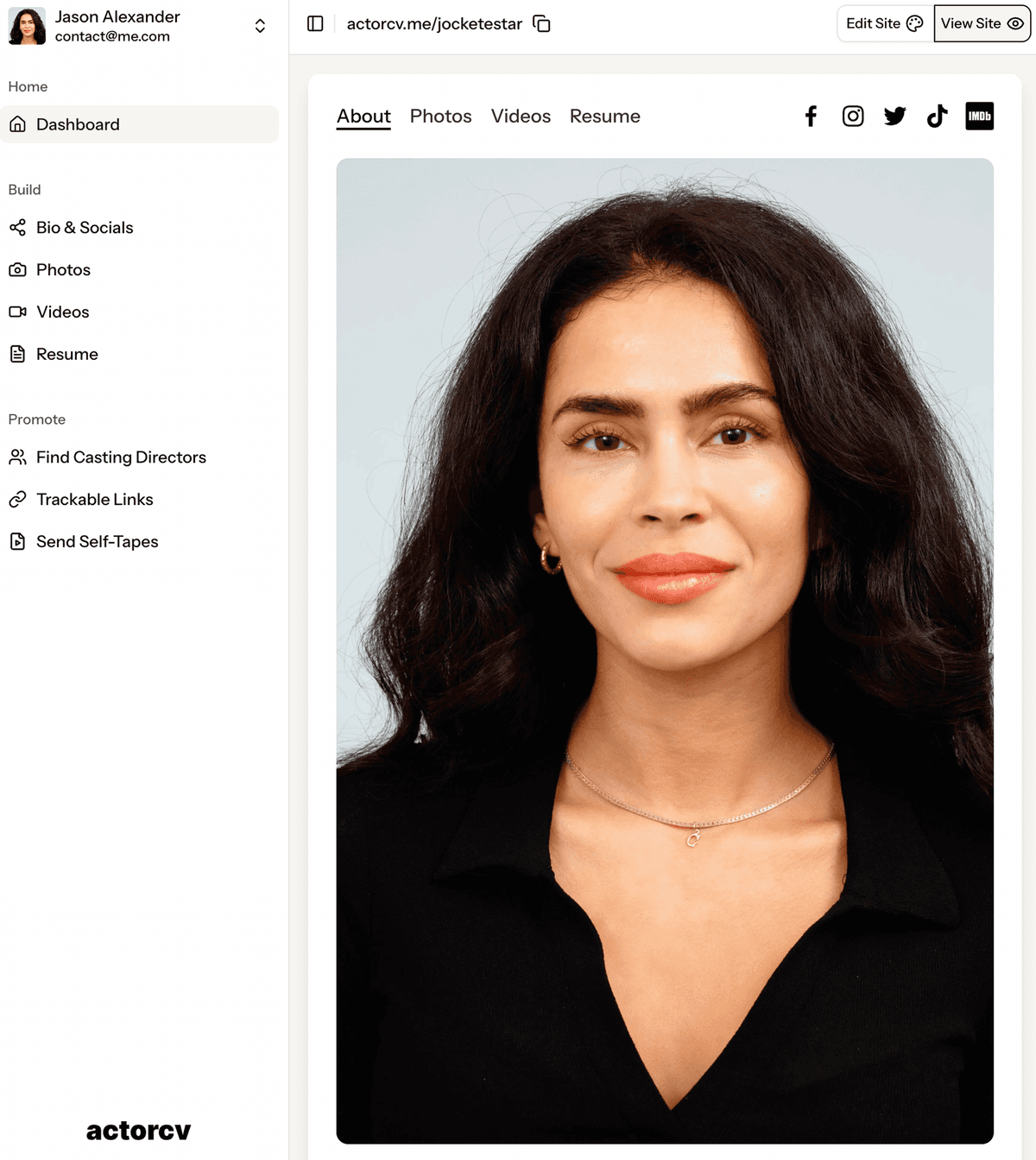 Professional actor website features